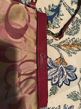 Coach Pink and Beige Signature Shoulder Bag with maroon  Leather Trim